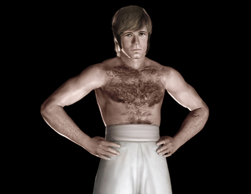 Chuck Norris as Colt from The Way of the Dragon full body strong pose shirtless CGI rendering
