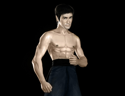 Bruce Lee as Tang Lung from The Way of the Dragon full body strong pose shirtless CGI rendering