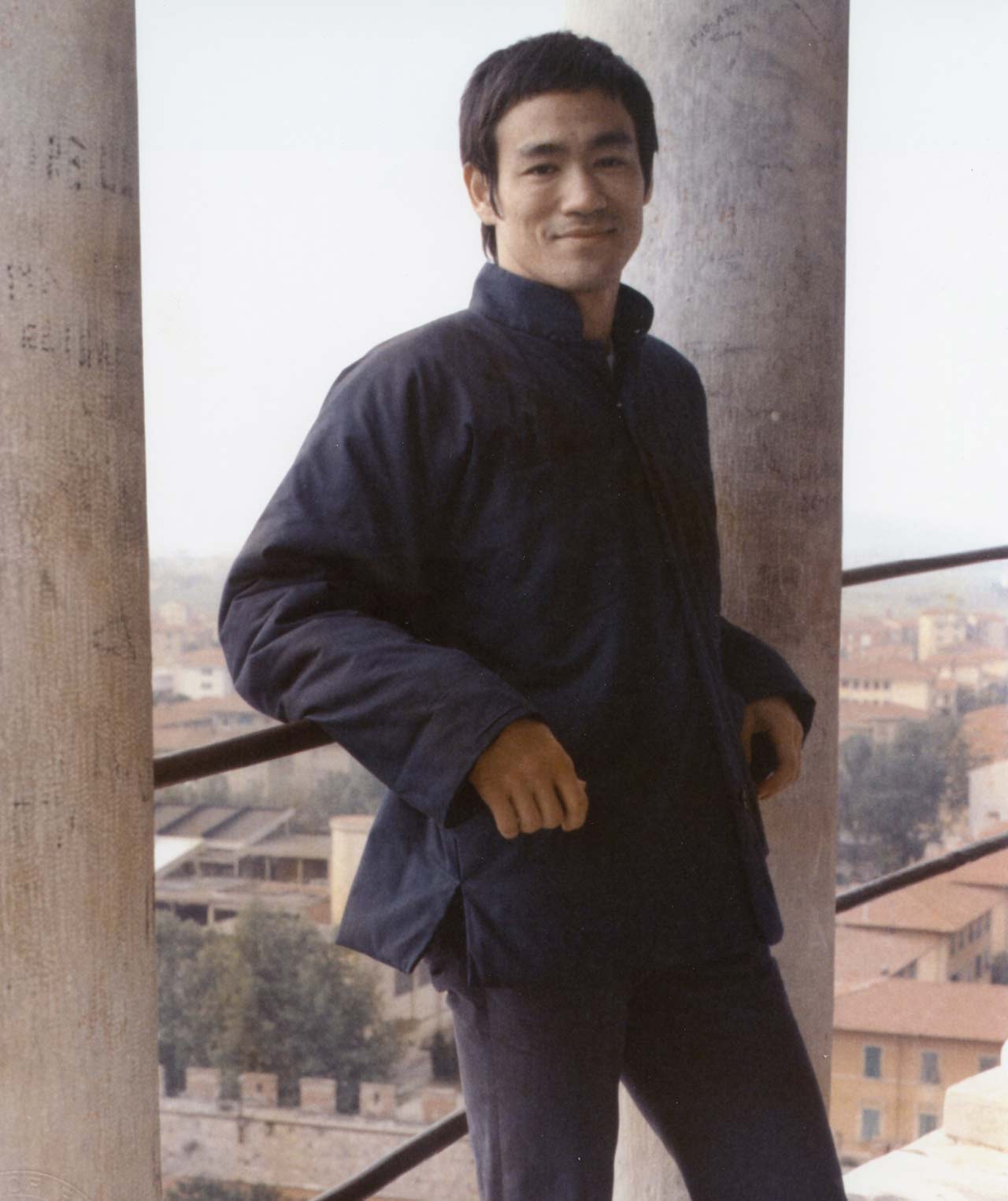 Color photo of martial artist, philosophist, actor, writer, director and producer, Bruce Lee Jun Fan in Rome