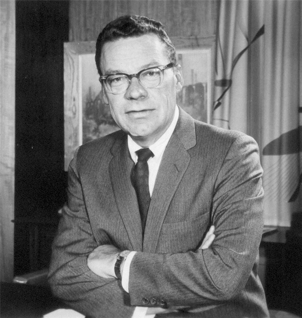 Black and white photo of the Master and Dean of Personal Development, Earl Nightingale