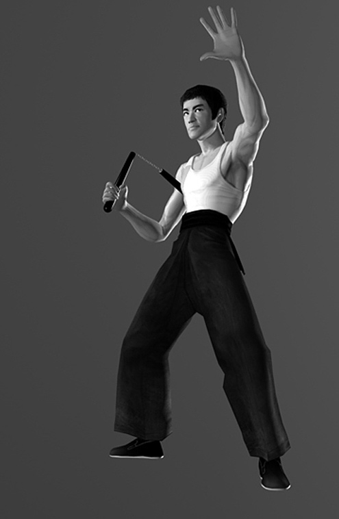 Full pose of Tang Lung 3D model posing with nunchaku with no background