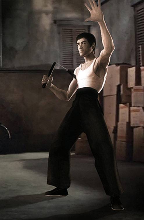 Full pose of Tang Lung posing with nunchaku with background in an early version 3D2D digital painting