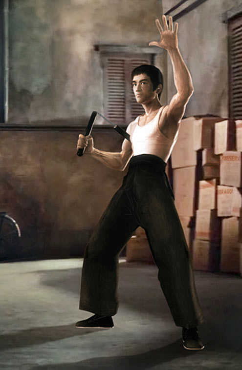 Full pose of Tang Lung posing with nunchaku with backgroun in a work in progress painting