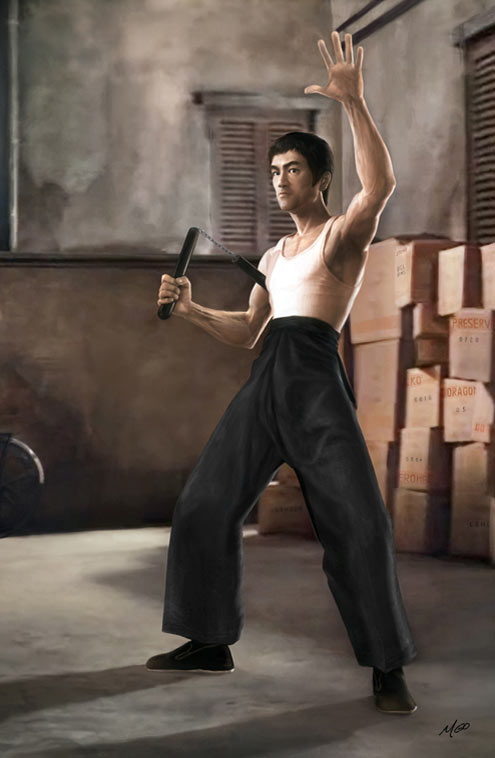 Full pose of Tang Lung posing with nunchaku in an alley with boxes piled up an illustration created in 3D2D digital painting