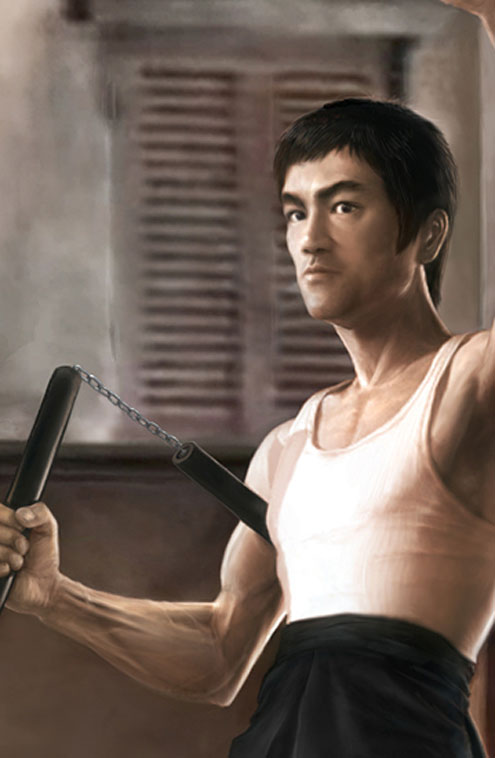 Medium close up of Tang Lung holding one nunchaku from waist up looking fierce painting