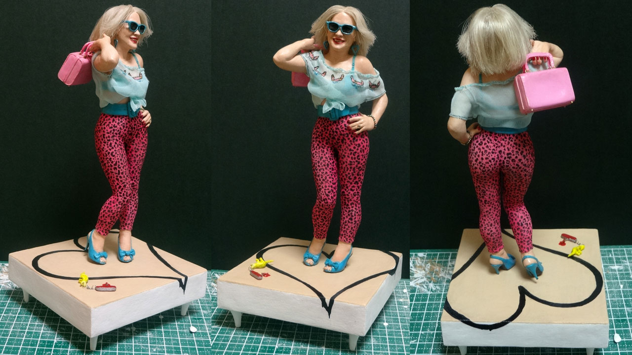 Three images side by side by side in full body shots of the completed miniature statue of Alabama Worley in various angles standing on base