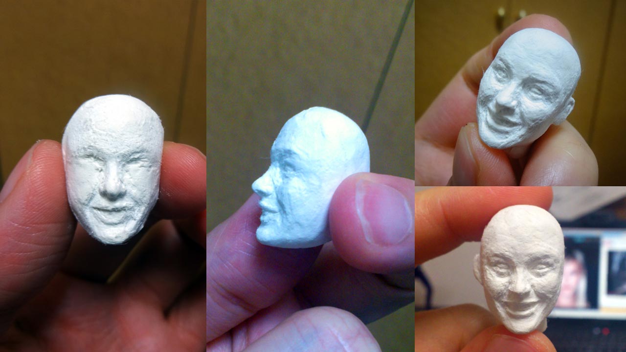 Three close up images side by side by side of the sculpted miniature face of Alabama Worley