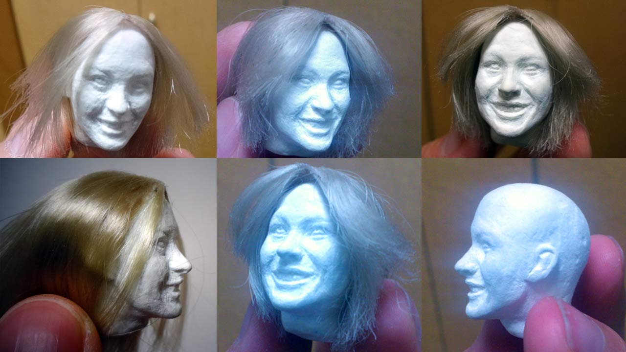 Six close up images of the miniature refined sculpted head with hair piece