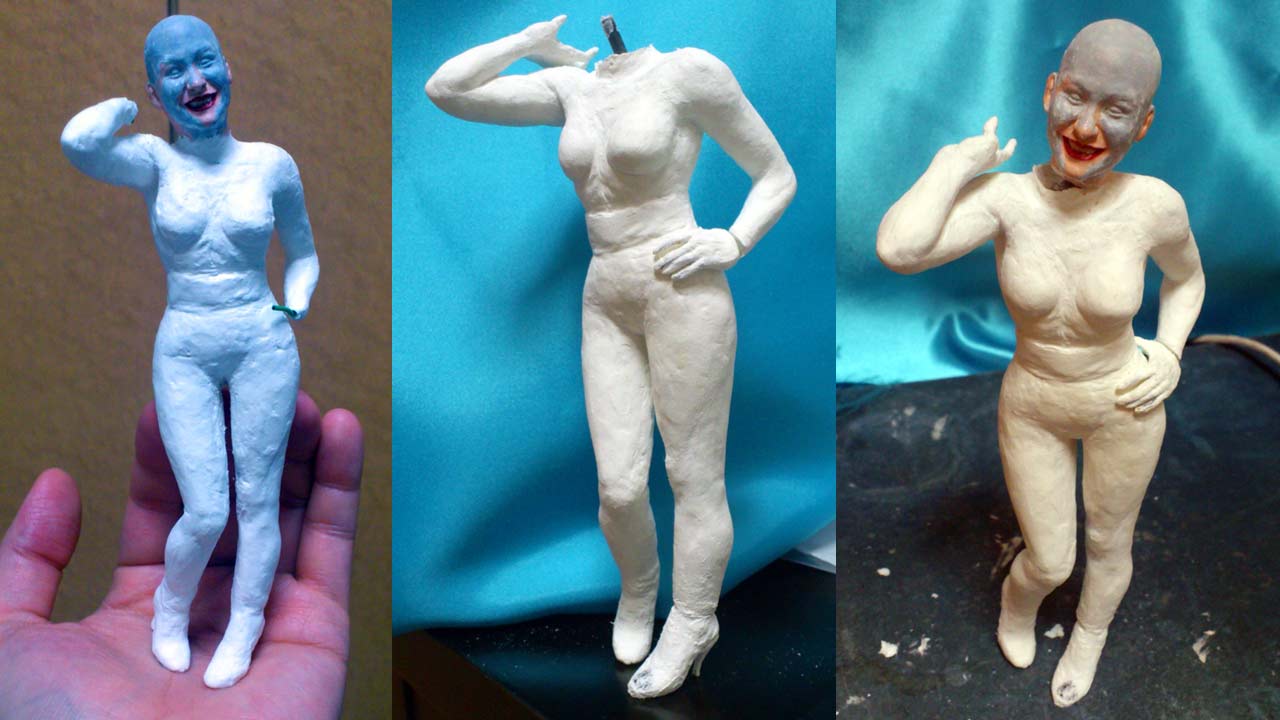 Three images side by side by side of standing miniature statue fully sculpted with gray primed head