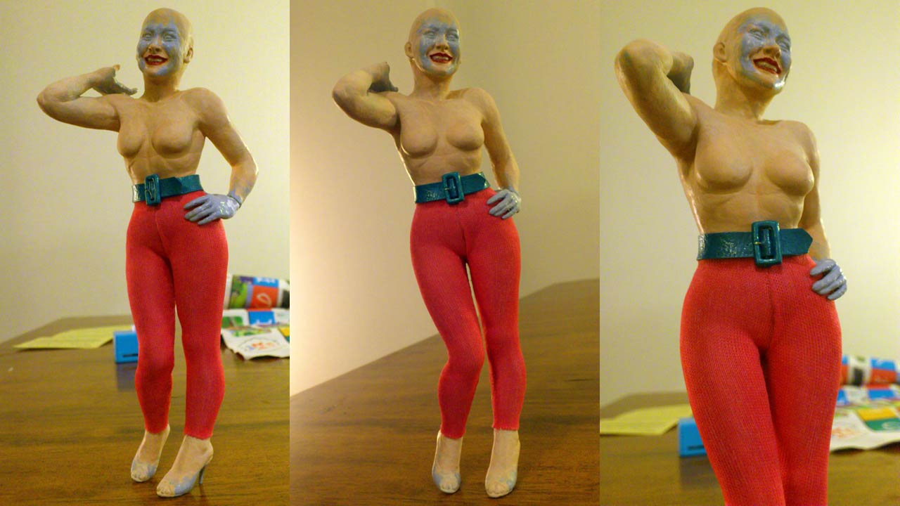 Three images side by side by side in full body view of miniature statue topless with turquoise belt and pink tights