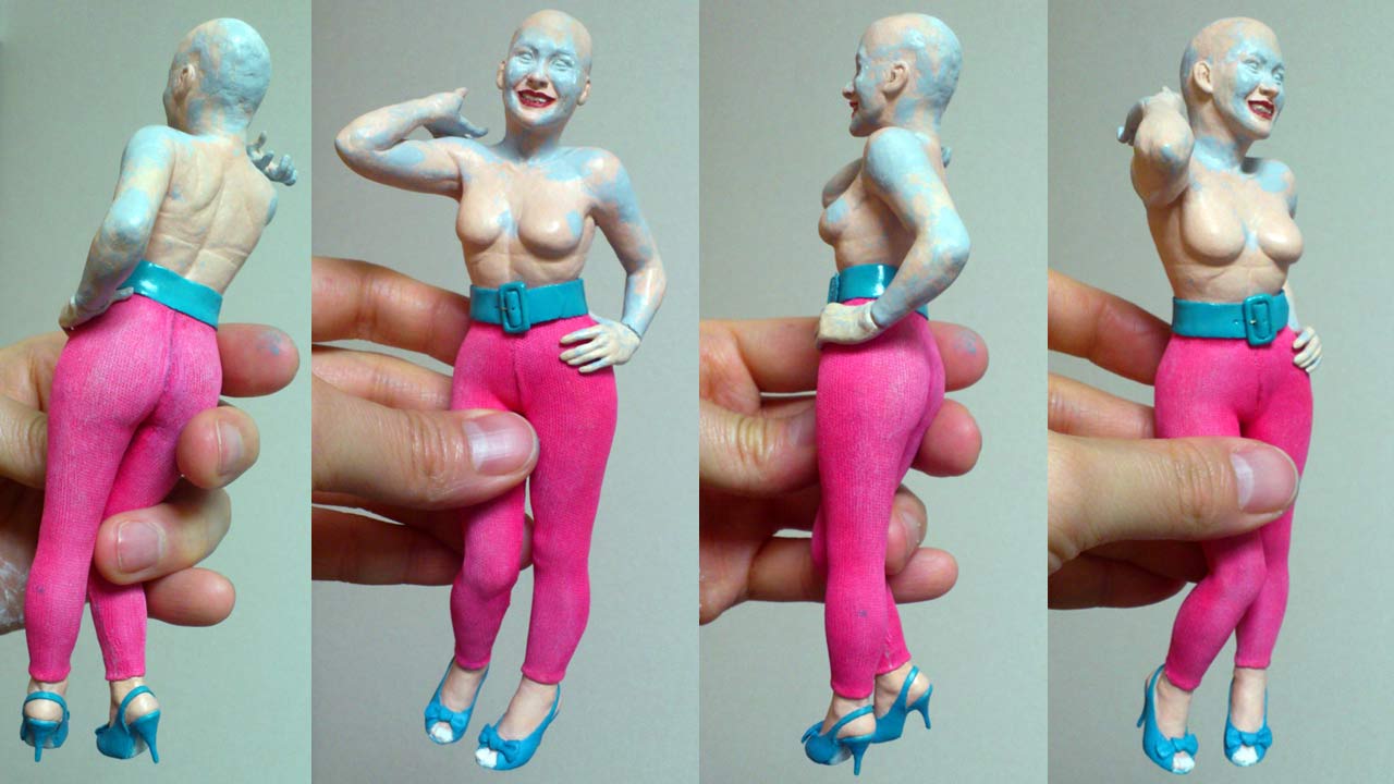 Four images in full body shot of miniature statue topless with new light blue belt and matching peep toe wedding shoes and pink tights