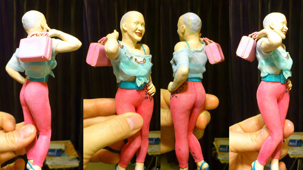 Four full body images of miniature statue in various angles carrying pink purse without hair piece eyes painted