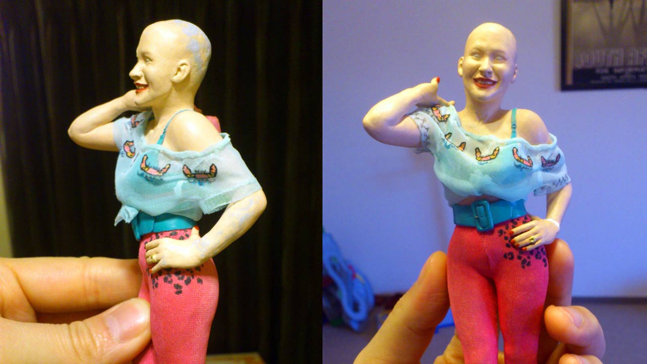 Two images side by side in a medium close of the miniature statue with small colorful decals on blouse but without hair piece or eyes painted