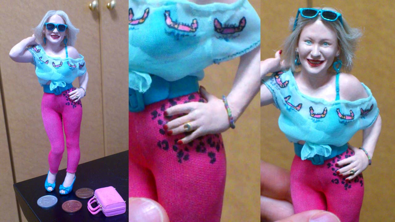 Three images of miniature statue eyes painted fully clothed wearing sunglass and cloe up on hand with nail polish, shoe horse shaped ring and bracelet