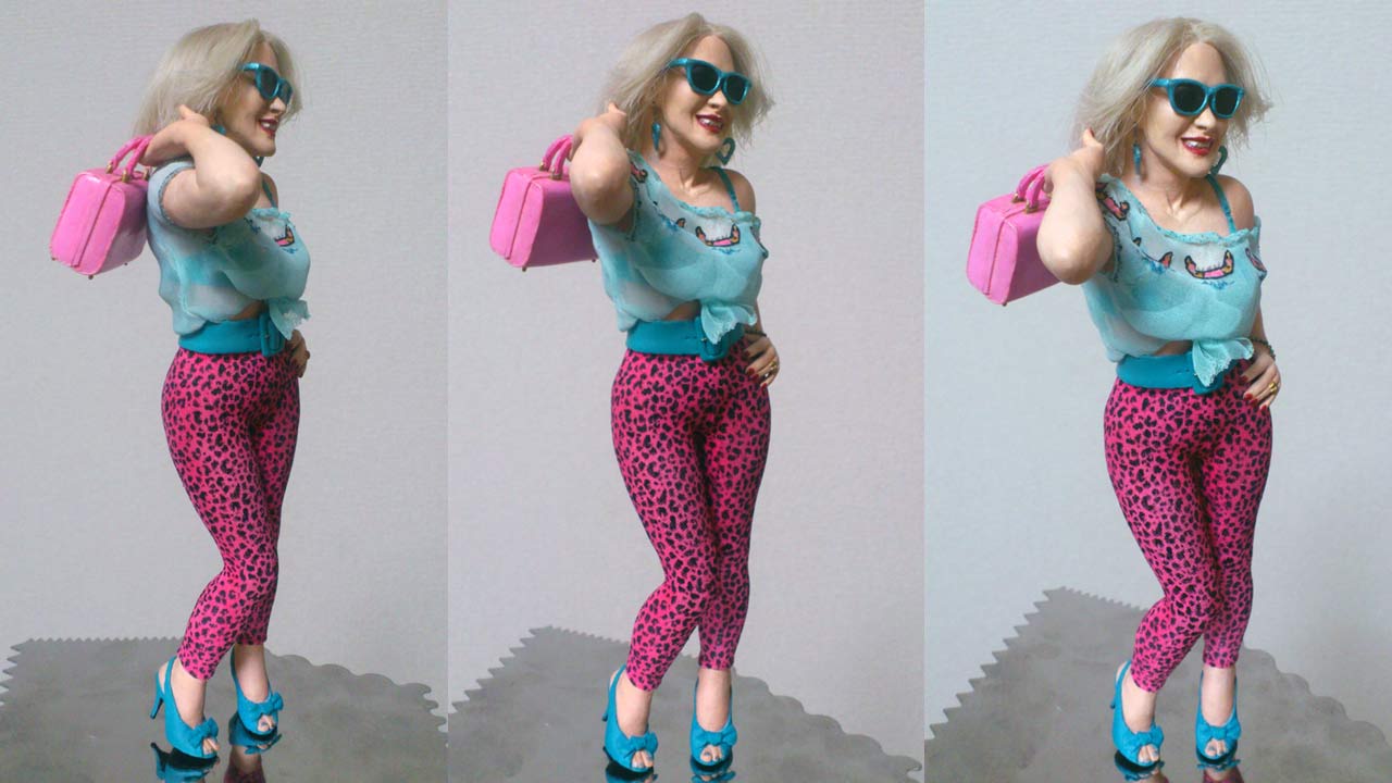 Three images in full body shots of miniature statue fully dressed wearing sunglasses carrying pink purse standing on metal plate