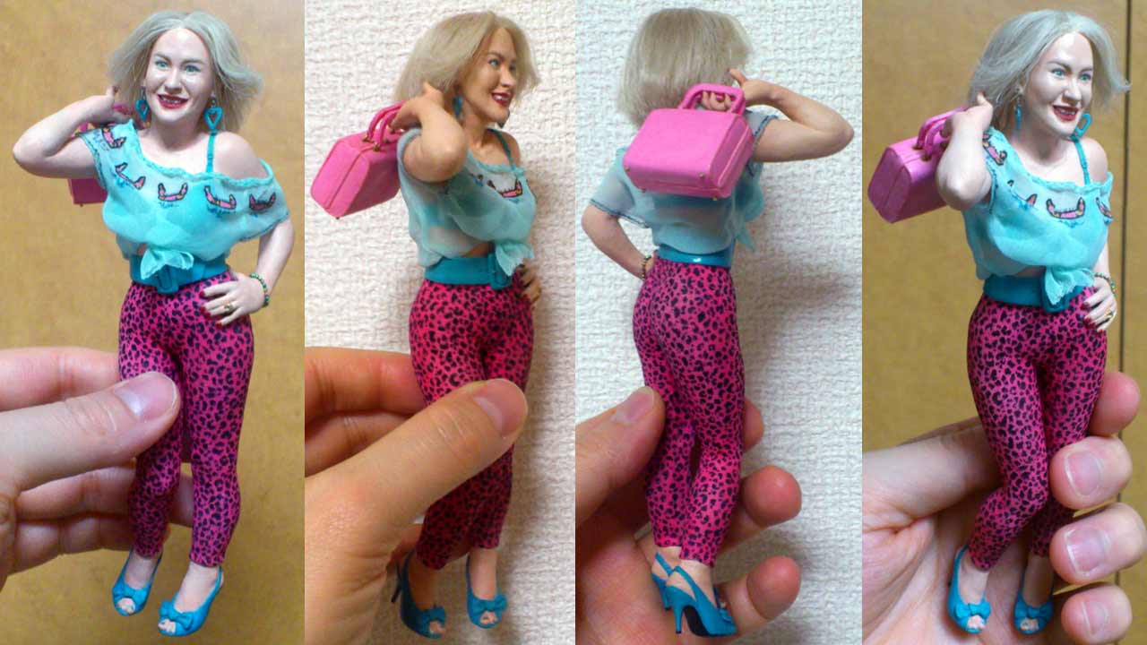 Four images in full body shots of the miniature statue fully dressed carrying pink purse without sunglasses
