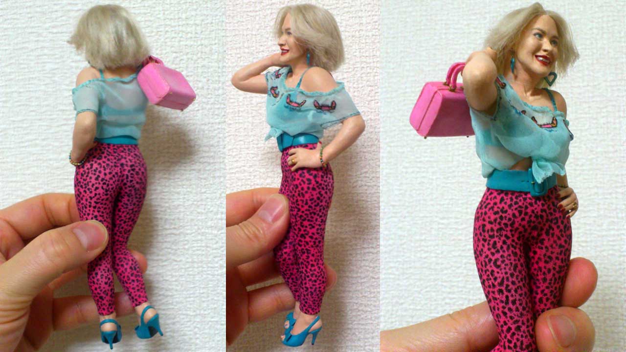 Three images in full body shots of the miniature statue fully dressed carrying pink purse without sunglasses