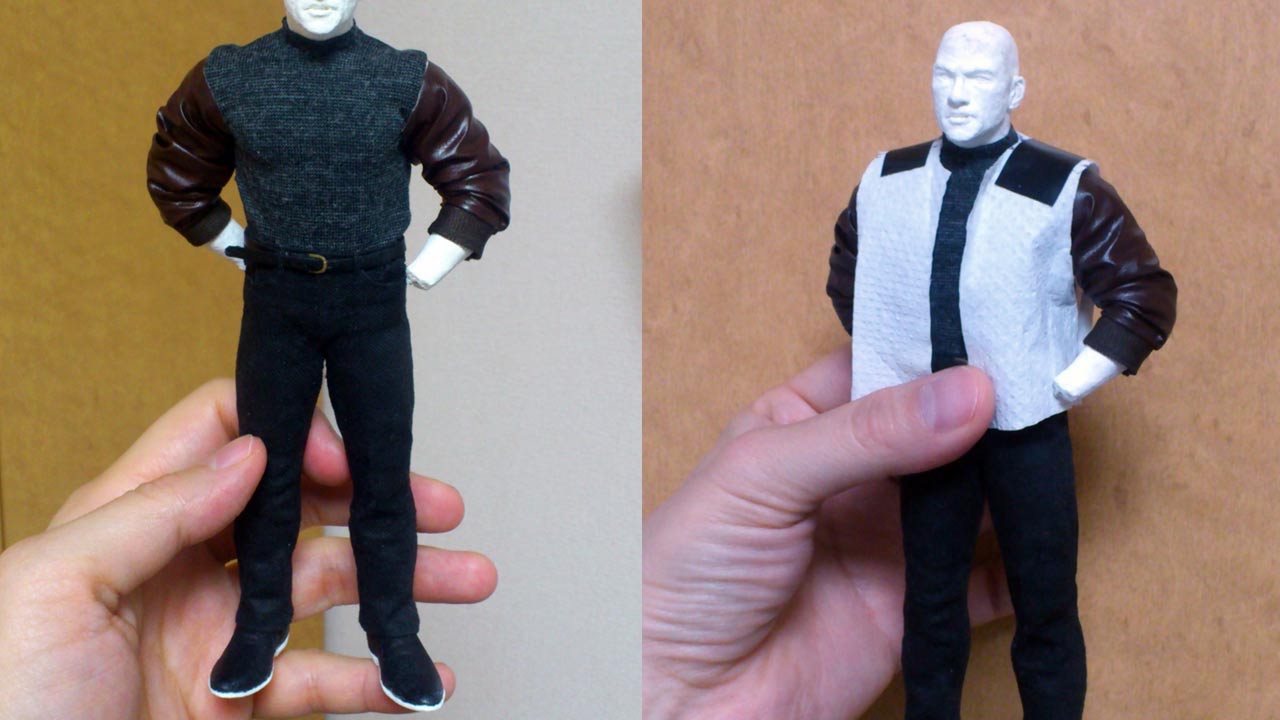 Two images side by side in a medium close up of the miniature statue fully dressed with two sleeves and a work in progress vest made from tissue