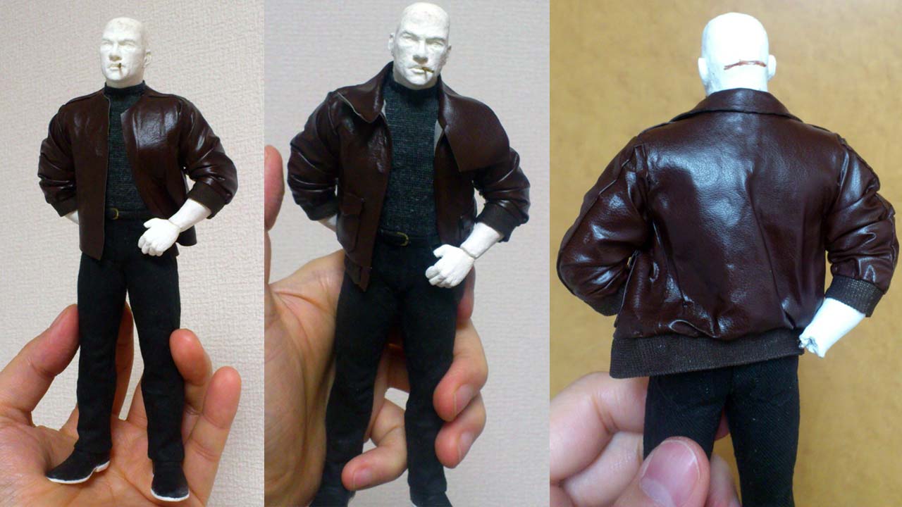 Three images side by side by side in a medium close up of the miniature statue fully dressed emphasizing on the jacket collar work and waistband