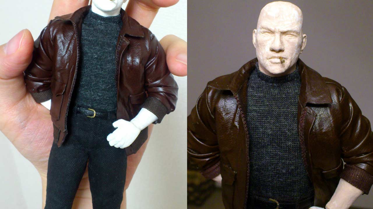 Two medium close up images side by side of the miniature statue focusing on the jacket zipper and peach tone painted face of Alex Wagner with cigar in his mouth