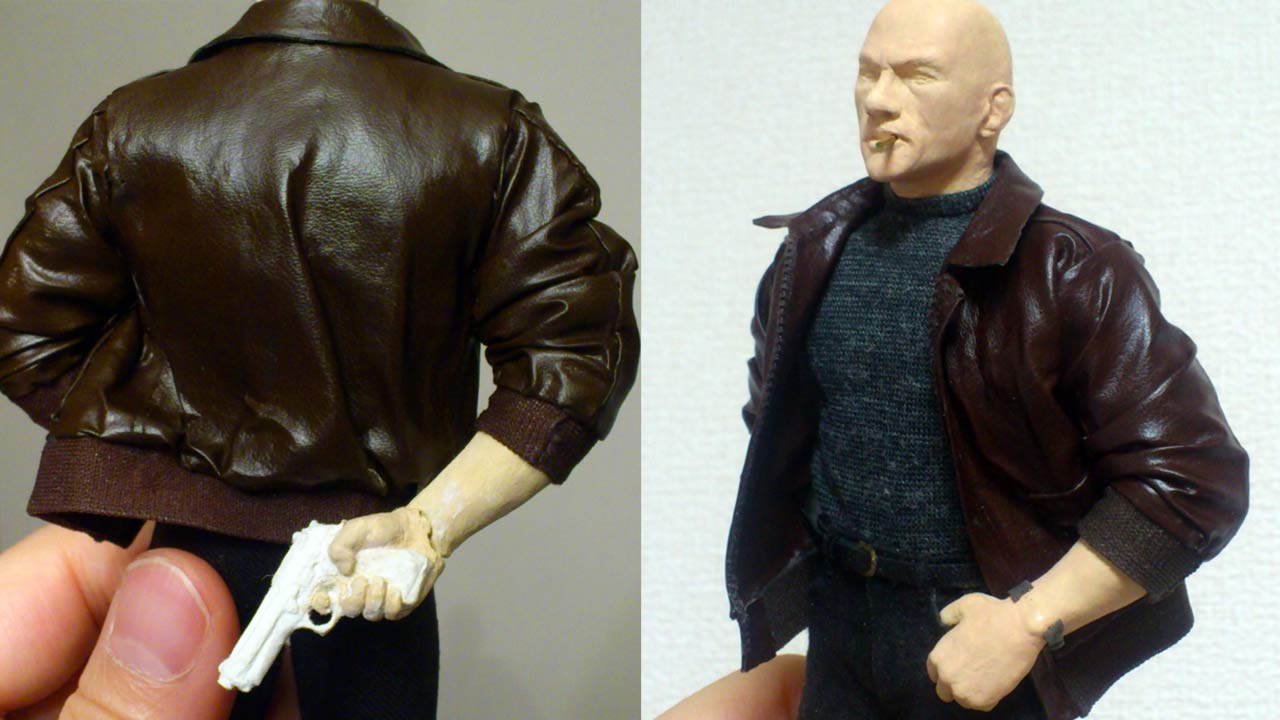 Two close up images side by side of the miniature statue highlighting the clay sculpted gun behind his back and the wristband of a watch without the face on his wrist