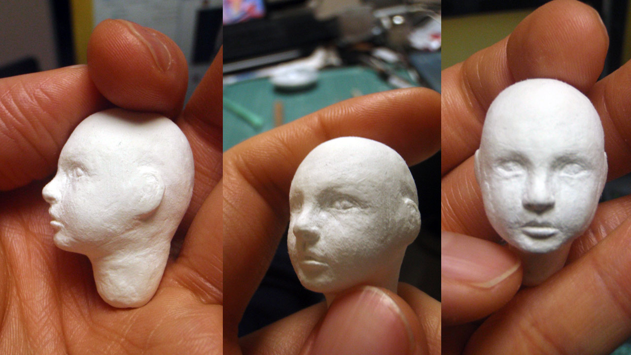 Three close up images of the miniature refined sculpted bald head