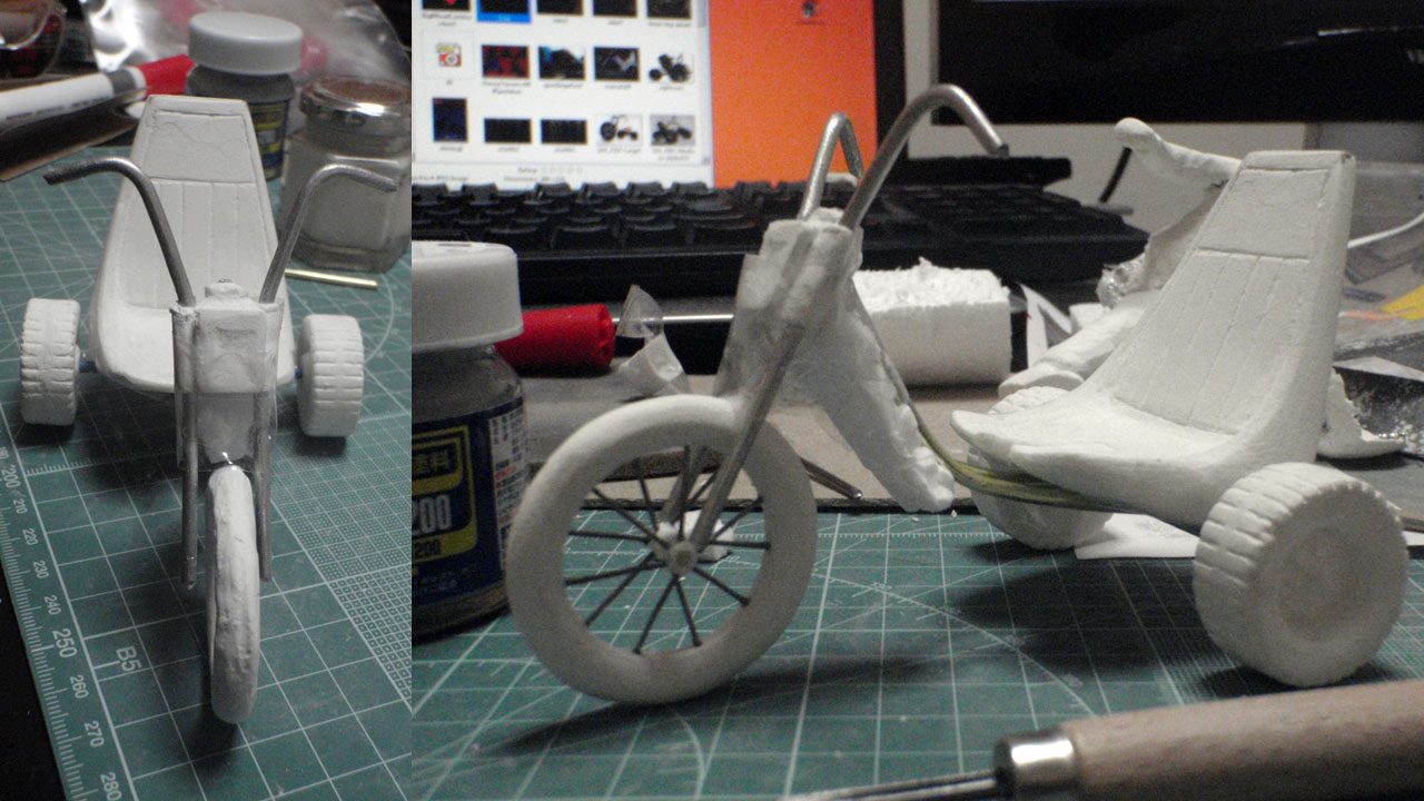 Two close up images tricycle getting assembled