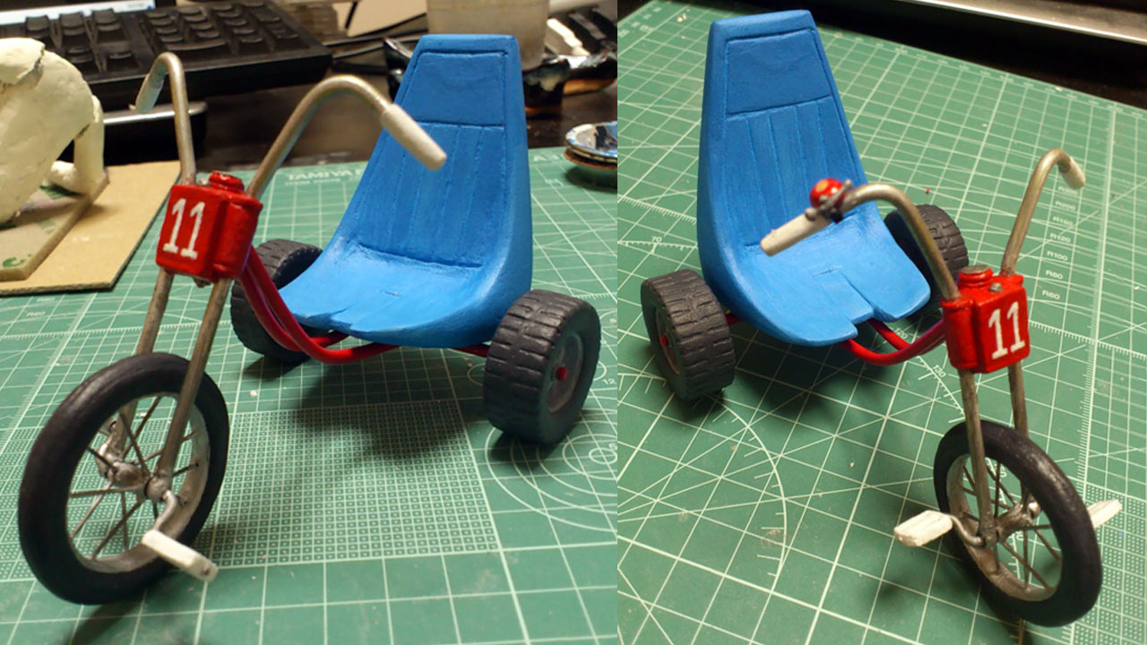 Two images of miniature tricycle painted