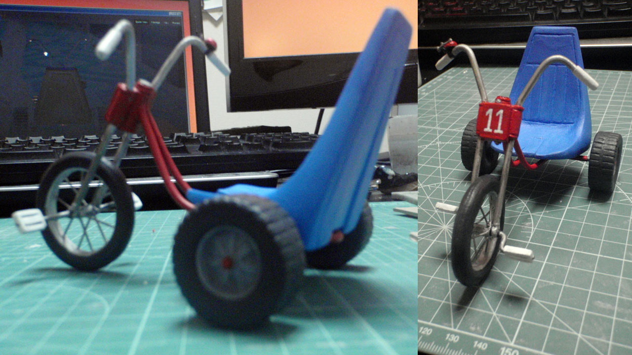 Two images of miniature tricycle painted