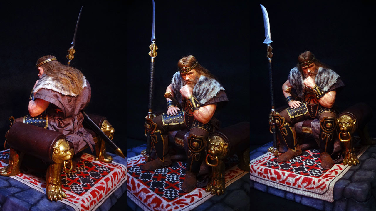 Three images side by side by side in full body shots of the completed miniature statue of King Conan in various angles on base