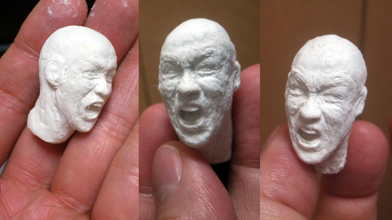 Three close up images side by side by side of roughly sculpted miniature faces of Bruce Lee as Mister LEE in ENTER THE DRAGON