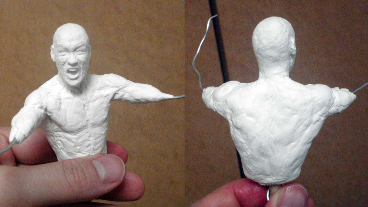 Two close up images side by side of the miniature torso and head with aluminum wire protruding from the stone clay body and arms