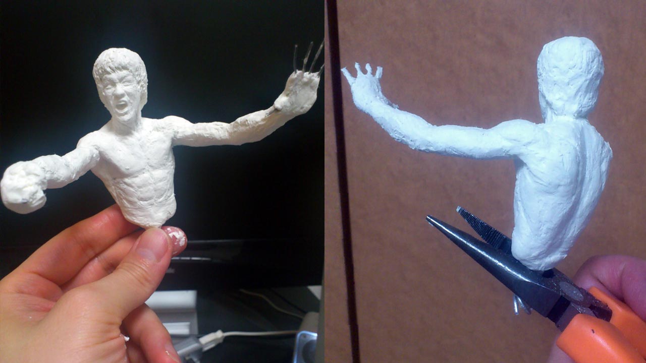 Two images side by side in half body shot of torso with arms, hands and fingers made of aluminum wires