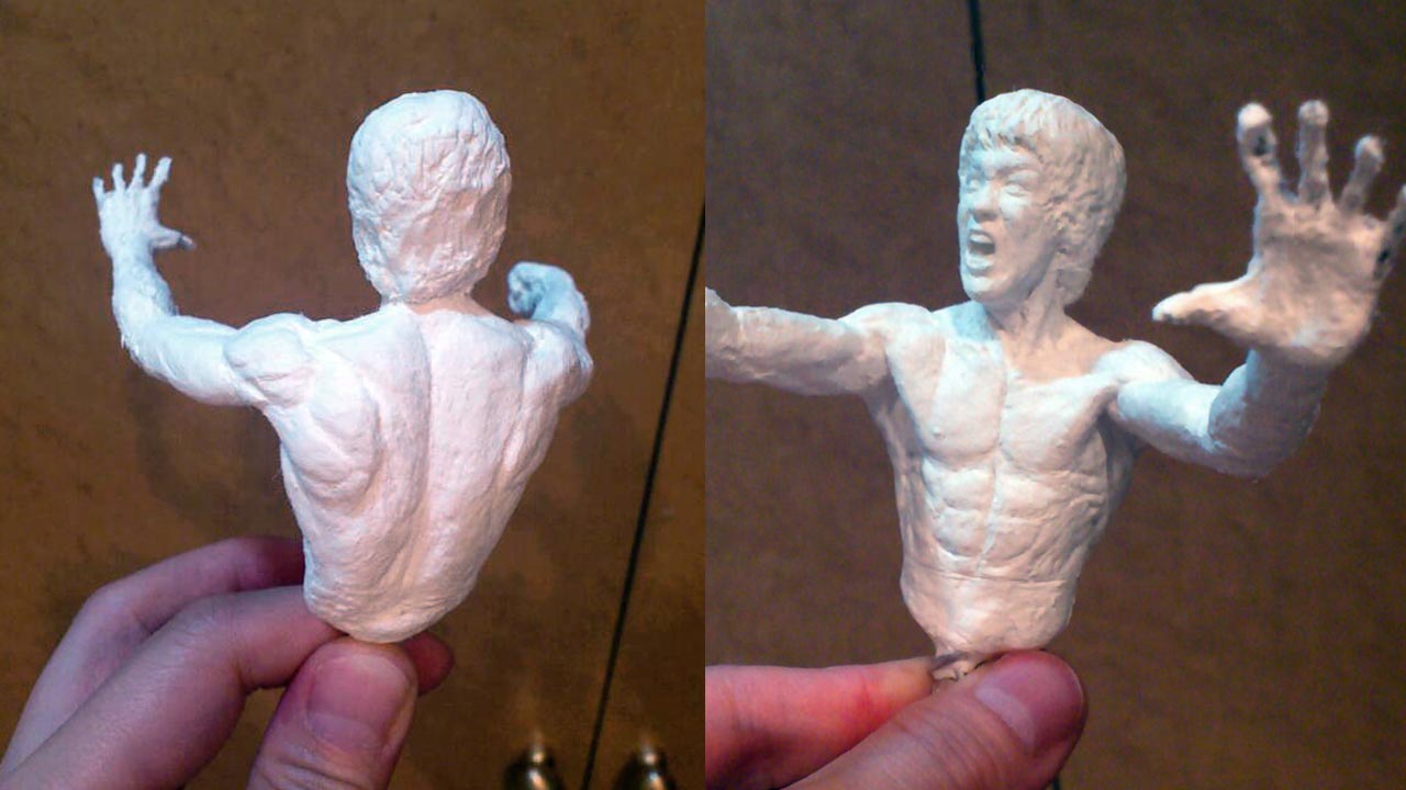 Two images side by side in half body shot of torso with arms, hands and fingers all in stone clay