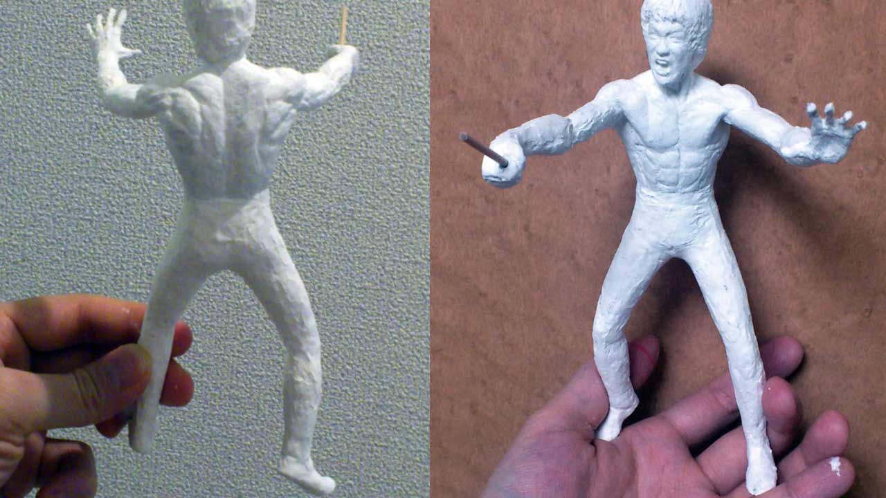 Two images side by side in full body shot of complete statue with legs, feet in stone clay holding a toothpick as a stand-in for a nunchaku