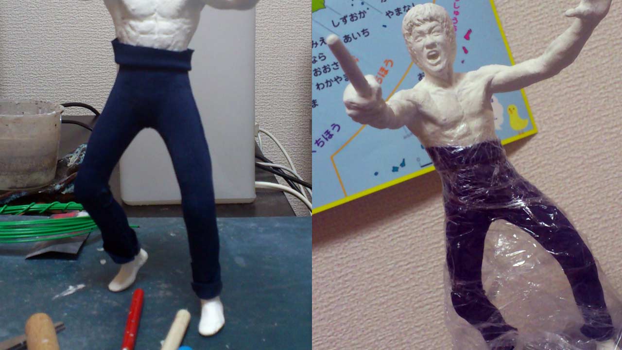 Two images side by side of the miniature statue standing on its own with fabricated pants and stone clay coated nunchaku