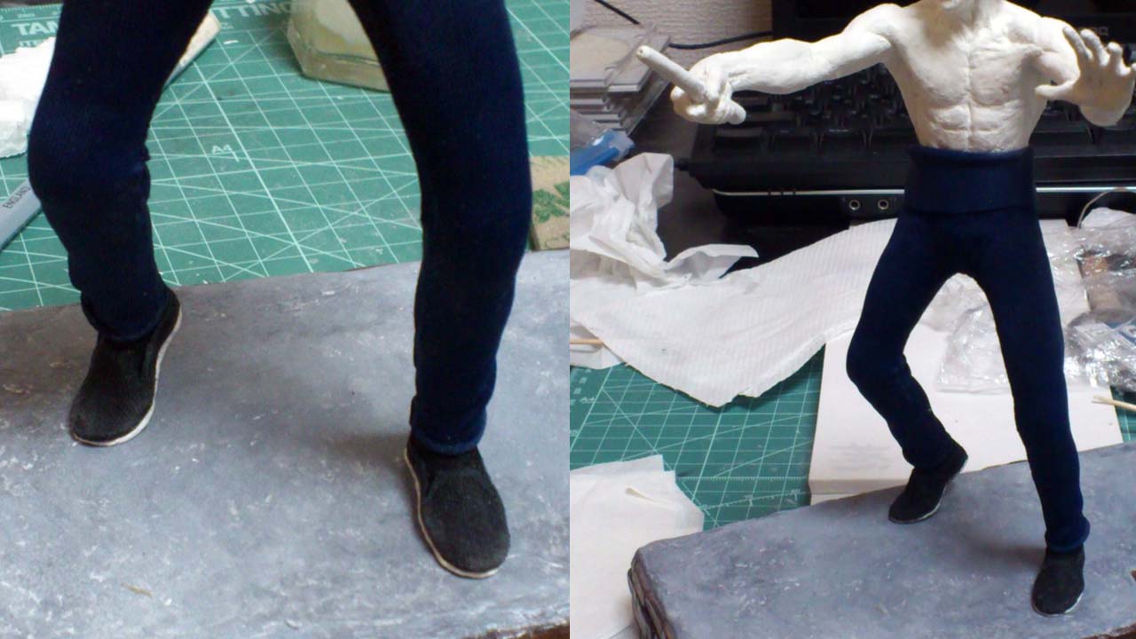 Two images side by side focusing on the legs with pants and kung fu slippers
