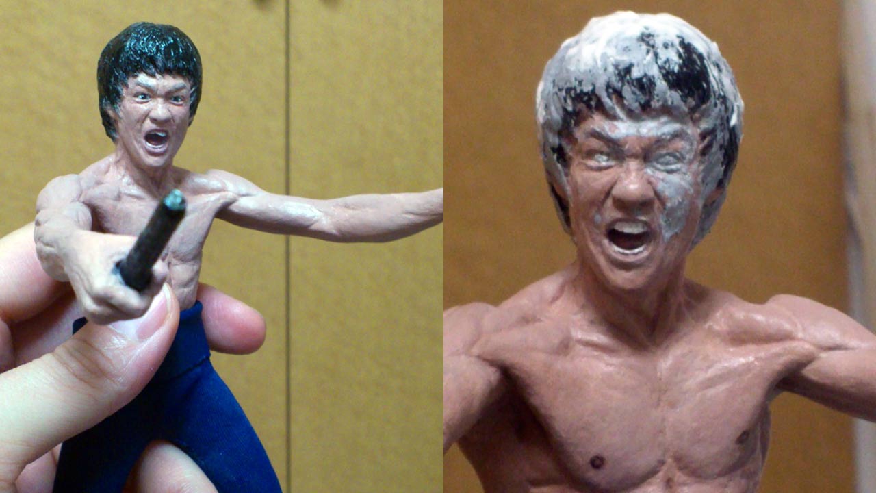 Two close up images side by side of the miniature statue torso and head in stages of revision work