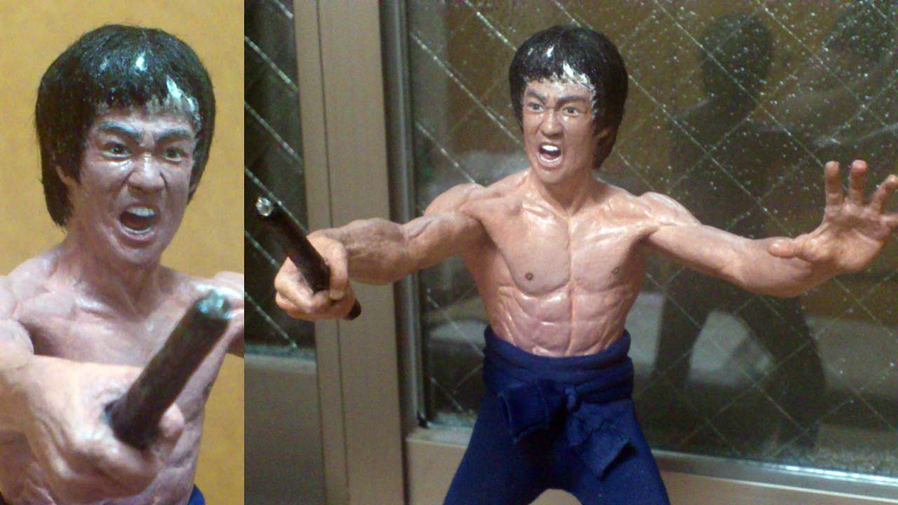 Two images side by side in close ups of revision work on the front hair piece of Mister LEE miniature statue