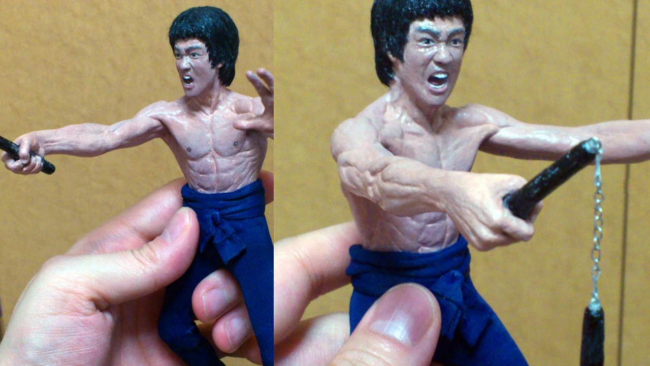 Two images side by side showing the miniature statues Mister Lee with finished hair and nunchaku with chain