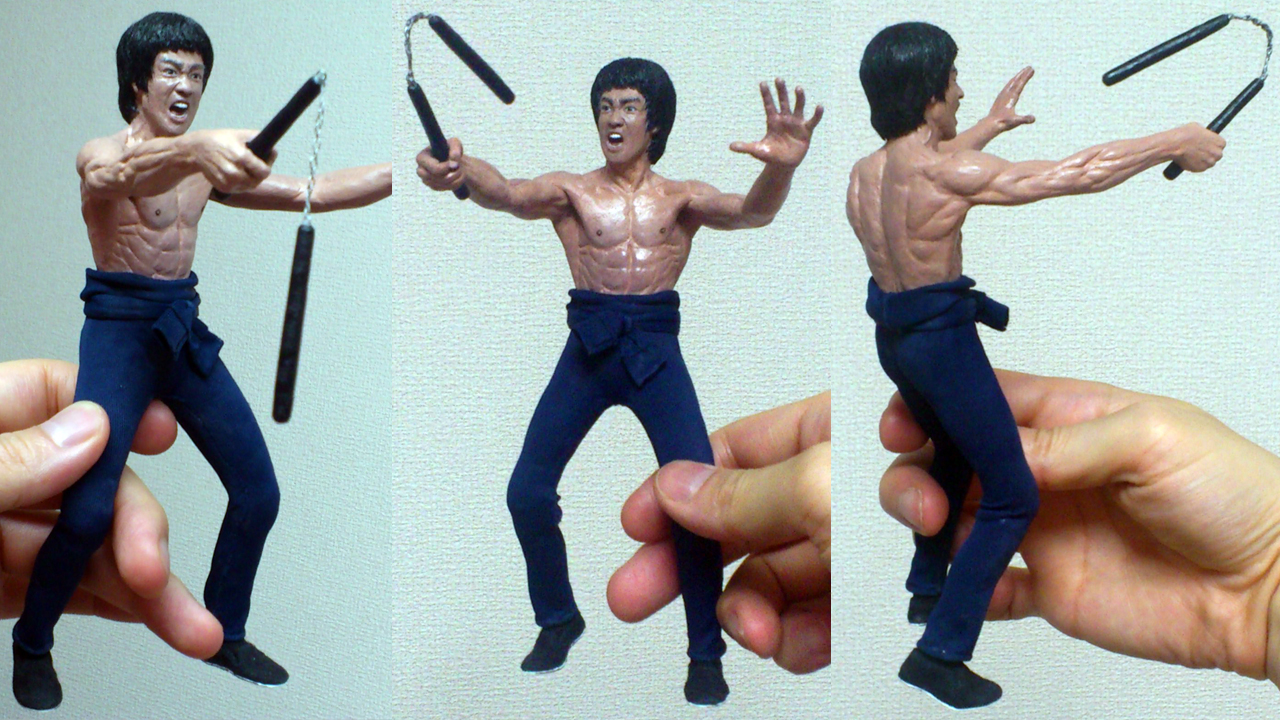 Three images side by side by side showing Mister LEE in three different angles with the nunchaku in mid motion