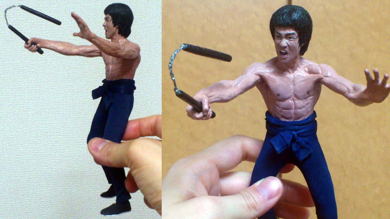 Two images side by side by side of the miniature statue full body and the other the torso and head focusing on the nunchaku in motion