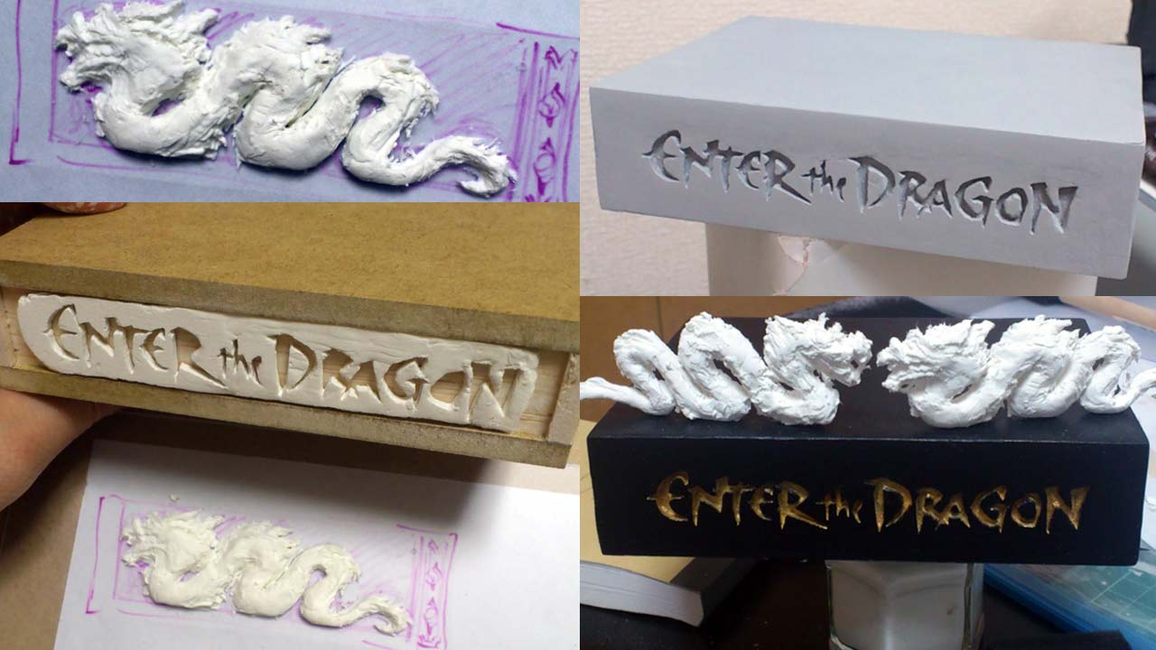 Three images showing the base in the final steps of arranging the position of the stone clay dragons