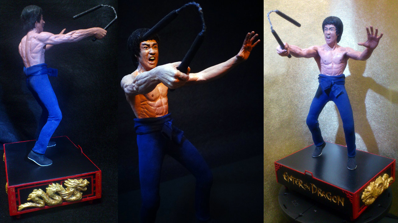 Three images side by side by side showing Mister LEE on the base with various lighting