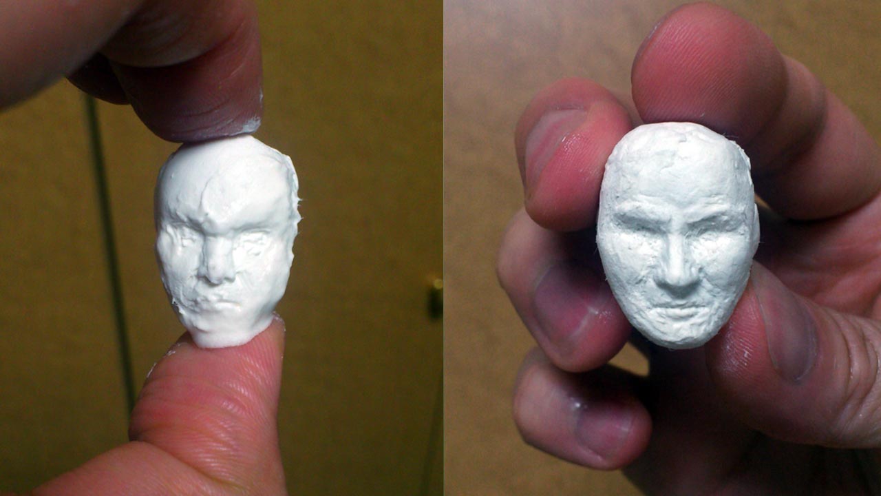 Two close up images side by side of roughly sculpted miniature faces of Benny 'The Jet' Urquidez as Mondale's Henchman