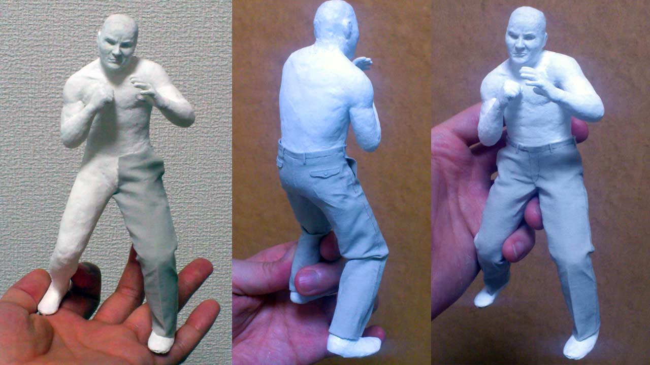 Three images side by side by side in full body of miniature statue with khaki pants and shirtless
