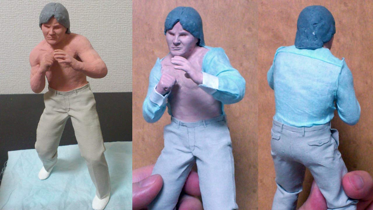Three images side by side by side in a medium close up of the statue standing shirtness with peach color flesh paint and blue sleeves only with white cuffs in a work in progress