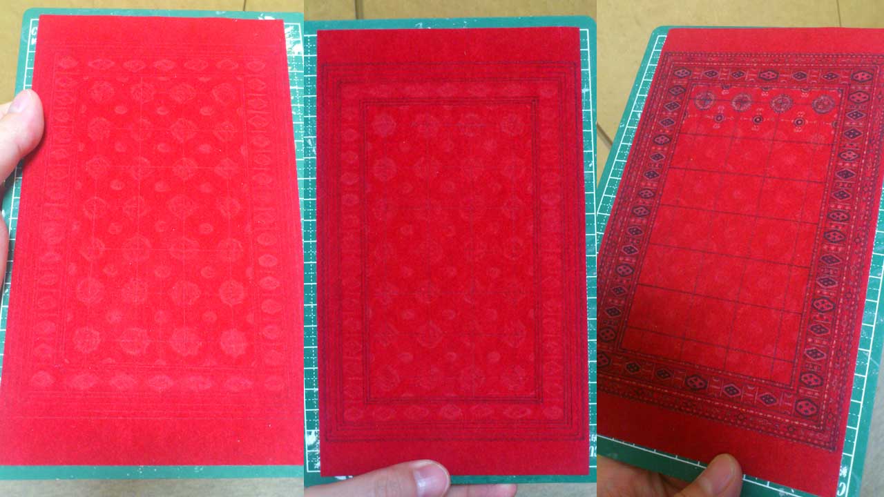 Three images side by side by side showing red felt in stages of pattern and textile work, black marker lines for stitching and pastel coloring to replicate a mini Afghani rug