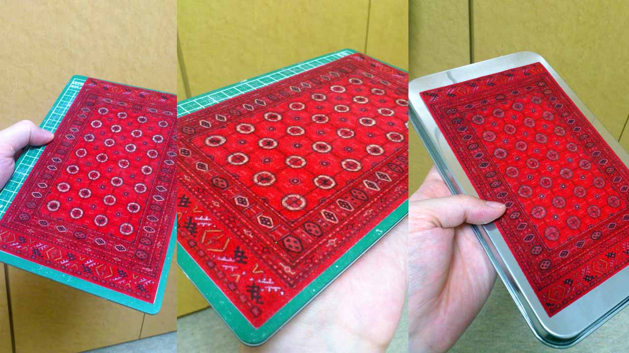 Two three images side by side by side show the completed replicated miniature Afghani rug on small cutting mat and small metal tray