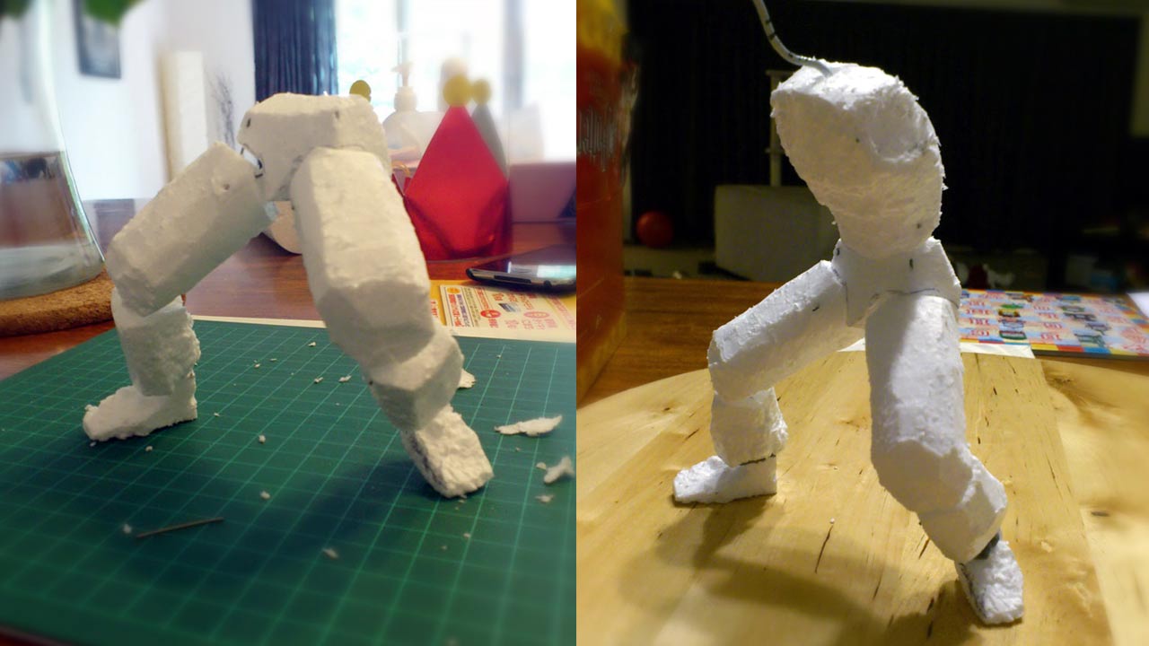 Two images of wire armature coated in styrofoam of standing legs without torso and full body without head and armless